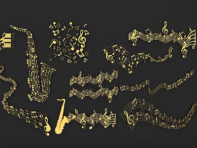 Golden Musical Wall Decor Featuring Saxophone Piano Keys And Music Notes Design 3d model