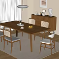 Modern Dining Room Interior With Wooden Table Woven Back Chairs Pendant Light And Sideboard