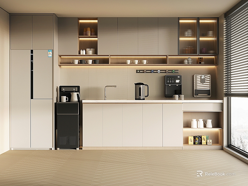 Modern Open Pantry With White Cabinets Coffee Machine Water Dispenser Light Strips And Window Blinds 3d model 