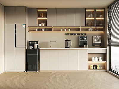 Modern Open Pantry With White Cabinets Coffee Machine Water Dispenser Light Strips And Window Blinds 3d model