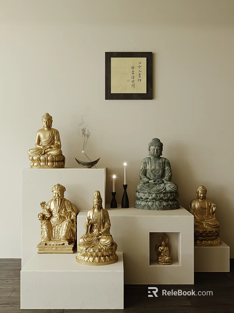 Golden Green Buddha Sculptures Carvings On White Display Stands With Lit Candles Incense And Calligraphy 3d model 