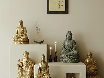 Golden Green Buddha Sculptures Carvings On White Display Stands With Lit Candles Incense And Calligraphy 3d model
