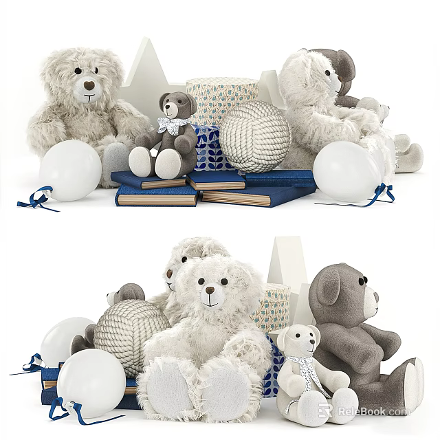 Soft Stuffed Teddy Bears Collection With Blue Books Knitted Balls And White Balloons 3d model 