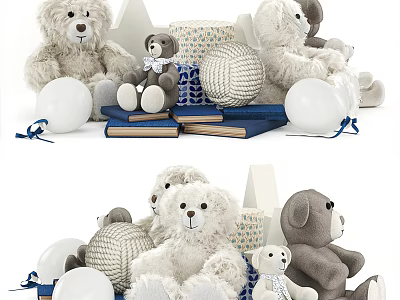 Soft Stuffed Teddy Bears Collection With Blue Books Knitted Balls And White Balloons 3d model