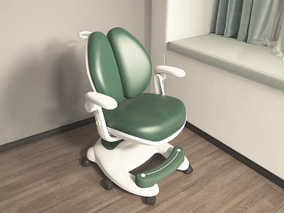 Green And White Leather Armchair With Wheels On Wooden Floor Near Window 3d model