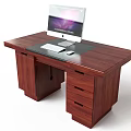 Sturdy Wooden Office Desk With Computer Monitor Keyboard Mouse And Storage Drawers