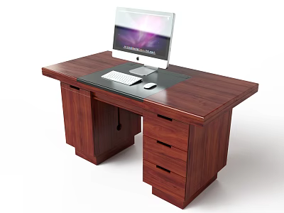 Sturdy Wooden Office Desk With Computer Monitor Keyboard Mouse And Storage Drawers 3d model