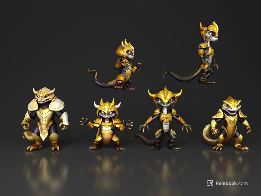 Golden Reptile Characters In Armor With Multiple Poses On Dark Background 3d model