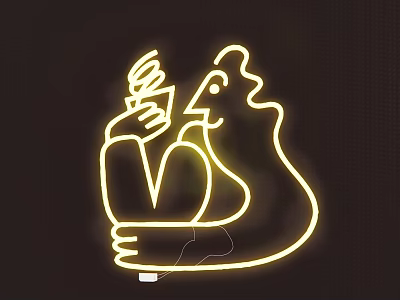 Unique Yellow Neon Decorative Light with Rooster and Hand Holding Design 3d model