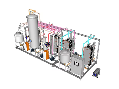 Industrial Processing Equipment With Frame Structure Multiple Tanks Colored Pipes And Control Panels 3d model