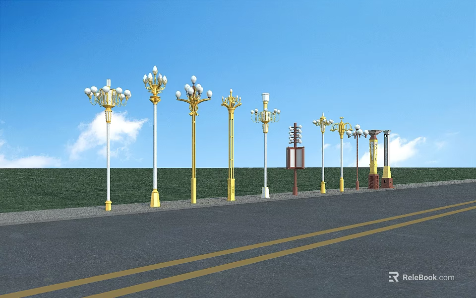 Outdoor Lamp Posts With Various Styles Along Road For Street Lighting 3d model 