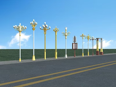 Outdoor Lamp Posts With Various Styles Along Road For Street Lighting 3d model