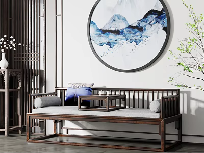 Chinese Style Multi Person Sofa With Wooden Frame Gray Cushions And Round Ink Painting Decor 3d model