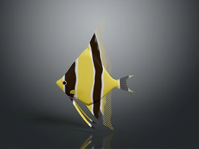Yellow And Black Striped Tropical Fish With Long Fins And Clear Reflections 3d model Yellow And Black Striped Tropical Fish With Long Fins And Clear Reflections 3d model