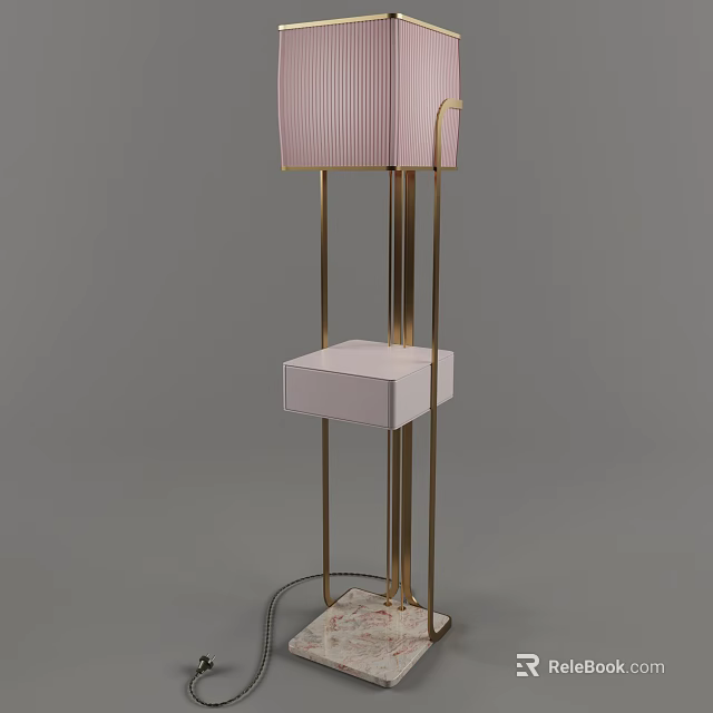 Elegant Modern Floor Lamp With Pink Lampshade Gold Metal Stand And White Small Shelf 3d model 