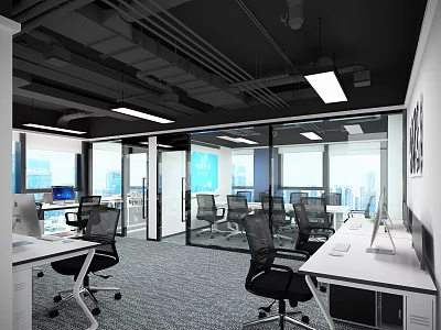 Bright Public Office Space With Glass Partitions Desks Office Chairs Ceiling Lights And City View 3d model
