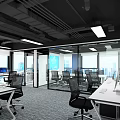 Bright Public Office Space With Glass Partitions Desks Office Chairs Ceiling Lights And City View