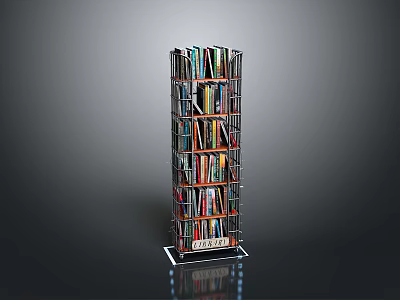 Multi Tiered Modern Bookshelf Featuring Colorful Books Metal Frame And Reflective Base 3d model