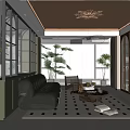 Stylish Modern Living and Dining Room Interior With Black Leather Sofa Coffee Table And Chandelier