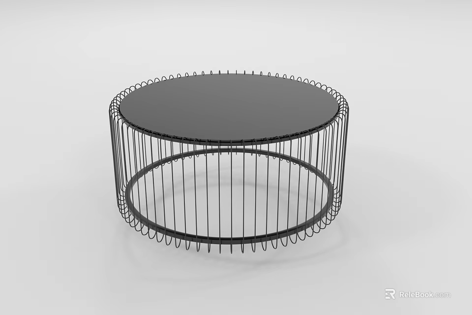 Minimalist Round Coffee Table With Black Tabletop And Metal Wire Frame 3d model
