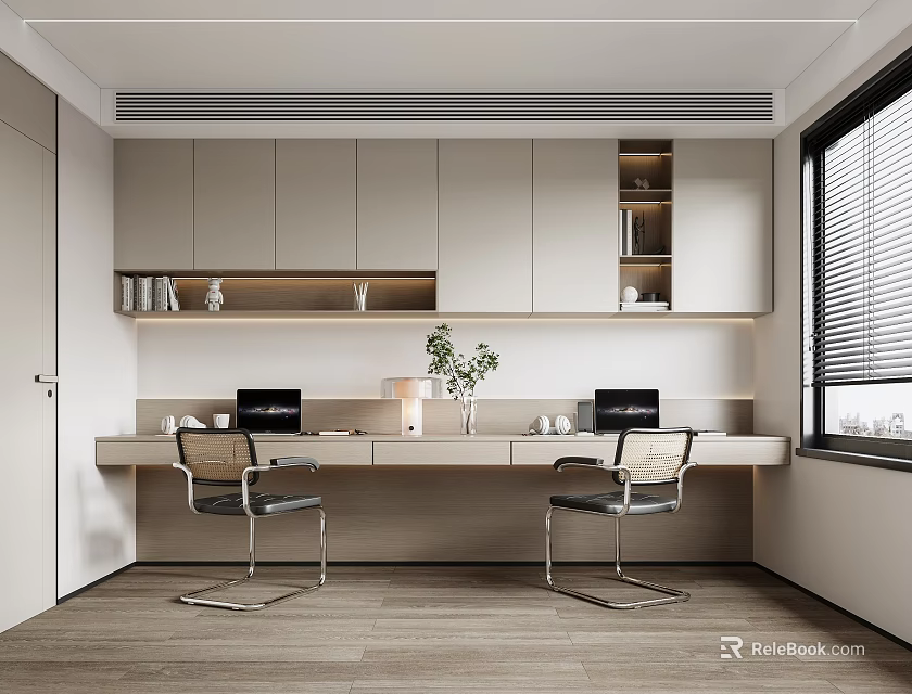 Modern Study Room Interior With Desks Chairs Cabinets And Plants 3d model