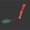 Prosthetic Arm Holding Tennis Racket On Gray Background With Reflection