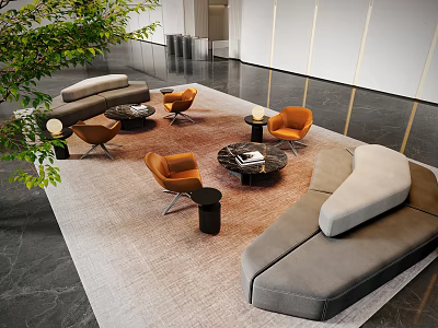 Leisure Sofa Combination with Grey Upholstery Orange Armchairs Round Coffee Tables and Green Plant 3d model
