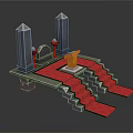 Cartoon Scene With Tall Decorative Towers Red Carpet Stairs Orange Podium And Green Decorations