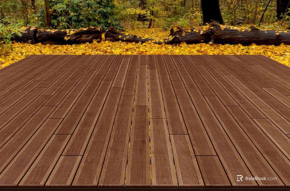 Outdoor Wooden Floor in Forest With Golden Autumn Leaves and Green Trees 3d model 