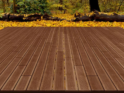Outdoor Wooden Floor in Forest With Golden Autumn Leaves and Green Trees 3d model
