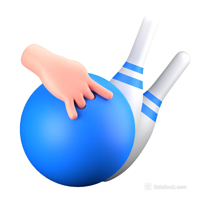Hand Holding Blue Bowling Ball With White Pins And Blue Stripes For Sports Equipment 3d model 