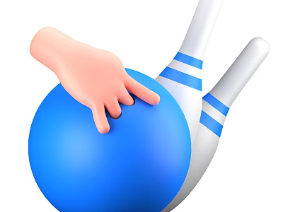 Hand Holding Blue Bowling Ball With White Pins And Blue Stripes For Sports Equipment 3d model