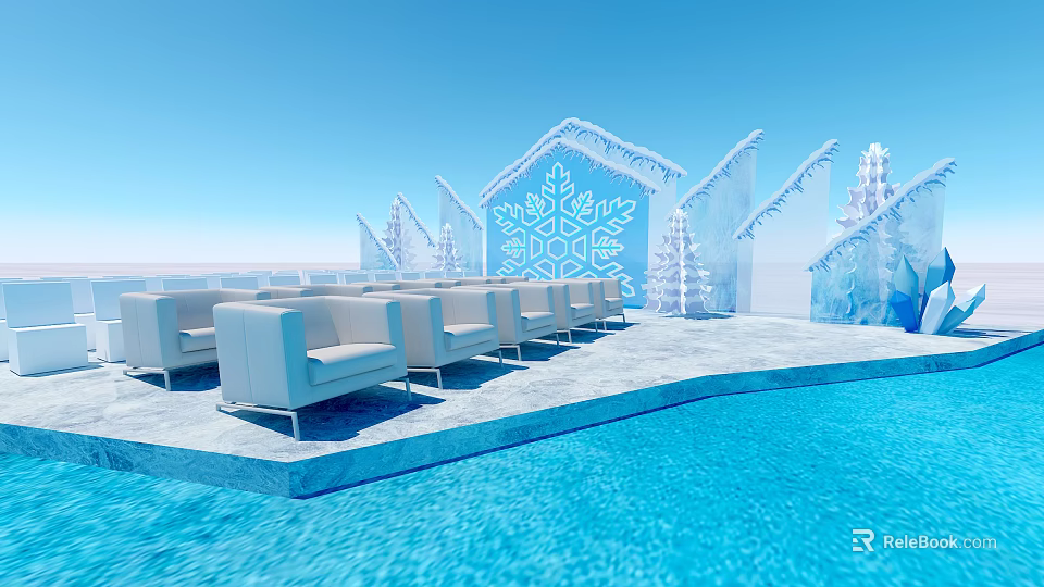 Frozen Ice Sculpted Building With Blue Swimming Pool And White Outdoor Sofas 3d model 