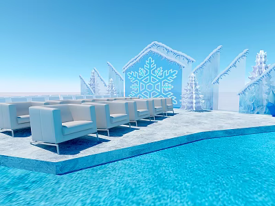 Frozen Ice Sculpted Building With Blue Swimming Pool And White Outdoor Sofas 3d model