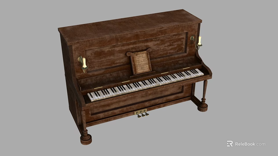 Classic Brown Wooden Piano Featuring Black White Keys Music Sheet and Candle Holders 3d model 