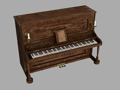 Classic Brown Wooden Piano Featuring Black White Keys Music Sheet and Candle Holders 3d model