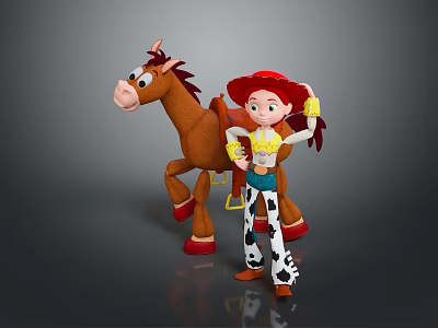 Kids Cowboy Toy Girl With Red Hat And Brown Standing Horse 3d model