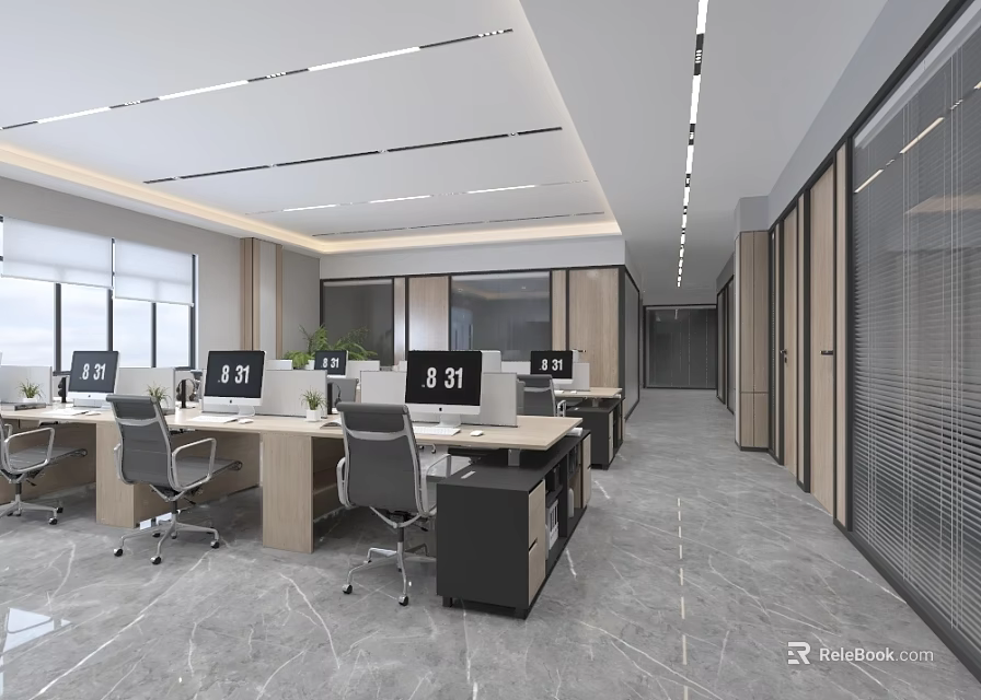 Modern Public Office Space Design With Open Layout Desks Computers And Ergonomic Chairs 3d model