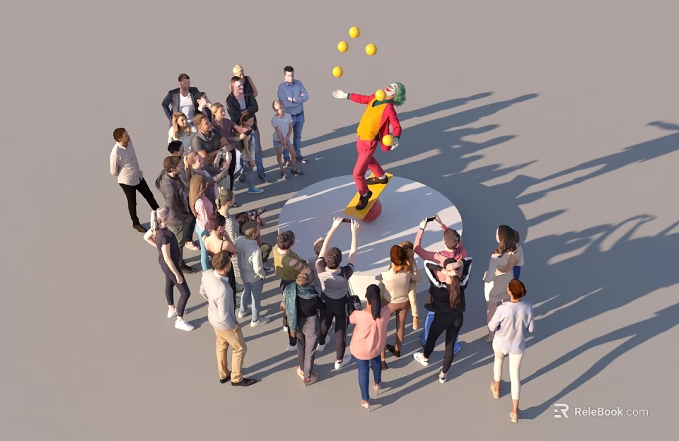 Crowd Watching Smiling Juggler Balancing With Yellow Balls On Round Platform 3d model