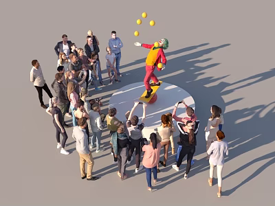 Crowd Watching Smiling Juggler Balancing With Yellow Balls On Round Platform 3d model
