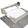 Modern Light Gray Upholstered Double Bed on Gray Rug with Bedside Table and Vase Decor 3d model