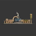 Elegant Garden Ornament with Central Fountain Statue Stone Arches and Paved Patterns
