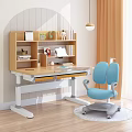 Kids Study Space With Adjustable Desk Blue Ergonomic Chair Wooden Bookshelf And Stationery Decor