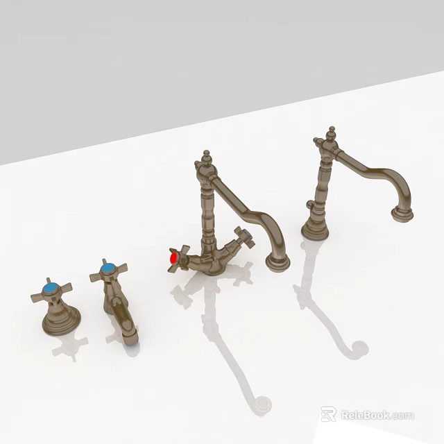 Three Metal Kitchen Faucets with Blue and Red Knobs on White Surface 3d model 