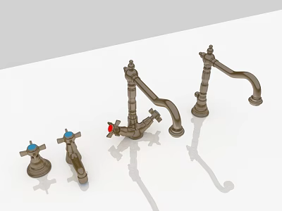 Three Metal Kitchen Faucets with Blue and Red Knobs on White Surface 3d model