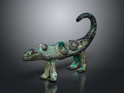 Vintage Bronze Crocodile Shaped Furniture Decorative Ornament With Spiral Patterns And Green Patina 3d model