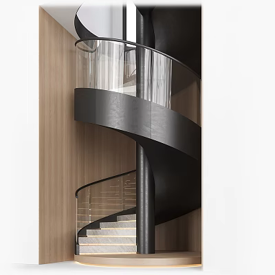 Spiral Staircase With Black Metal Structure And Glass Railing Wooden Background Light Steps 3d model