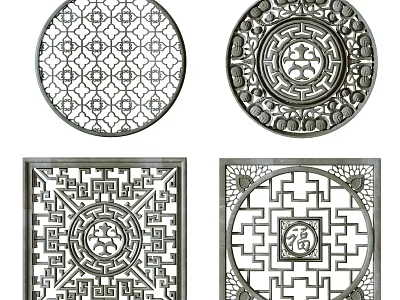 Traditional Chinese Lattice Windows with Circular and Square Shapes Intricate Geometric Patterns and Fu Characters 3d model