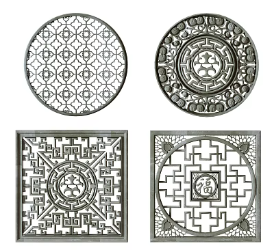 Traditional Chinese Lattice Windows with Circular and Square Shapes Intricate Geometric Patterns and Fu Characters 3d model