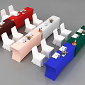 Vibrant Rectangular Tables Setup With Various Colored Tablecloths White Chairs Wine Glasses And Vases 3d model
